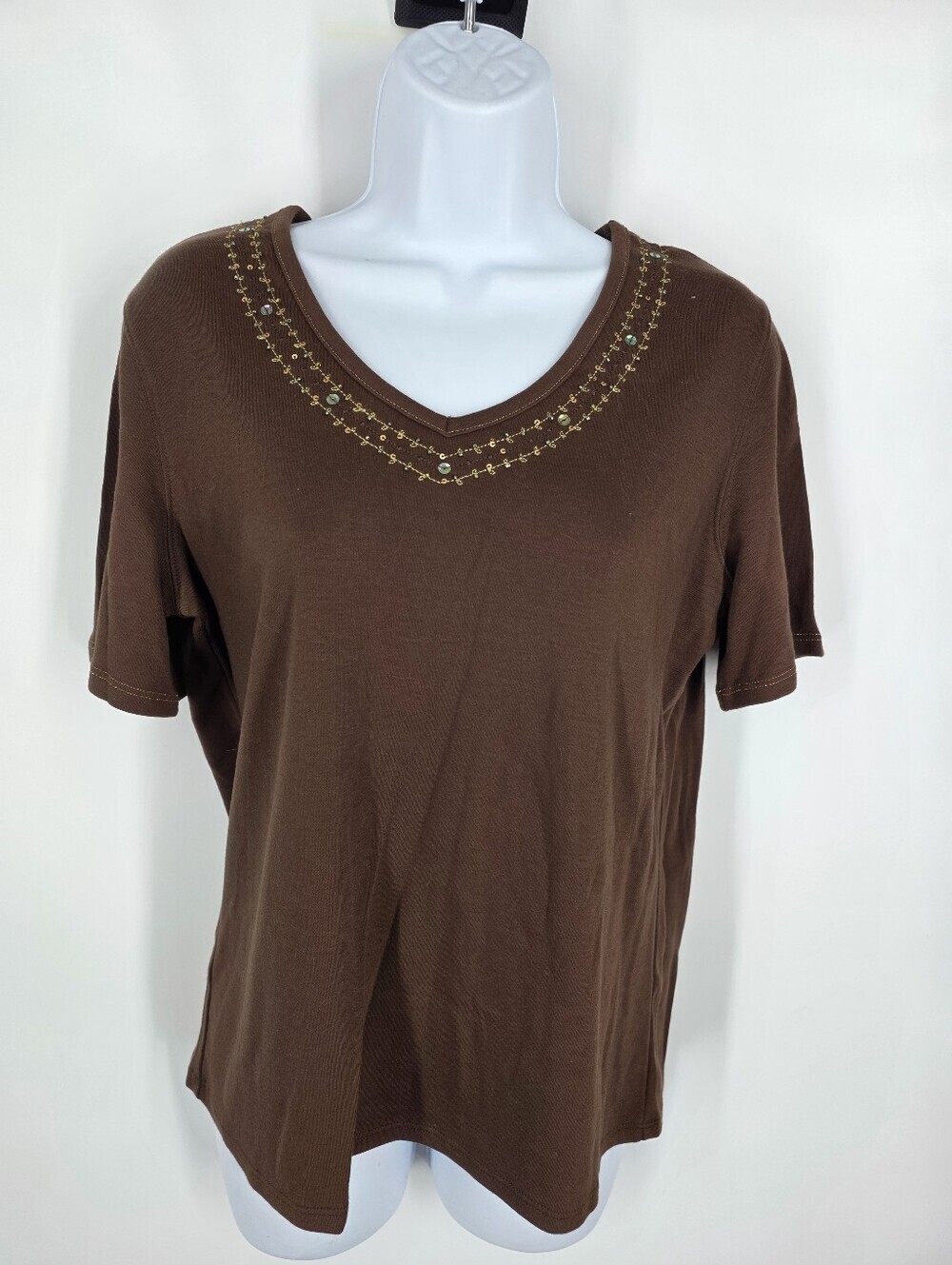 Koret Vintage Grandmacore Embellished V-Neck T-Shirt Brown Size M Sequins